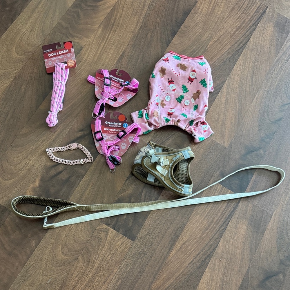 Pink Holiday Dog Outfit + Pink Harnesses & Leash Set